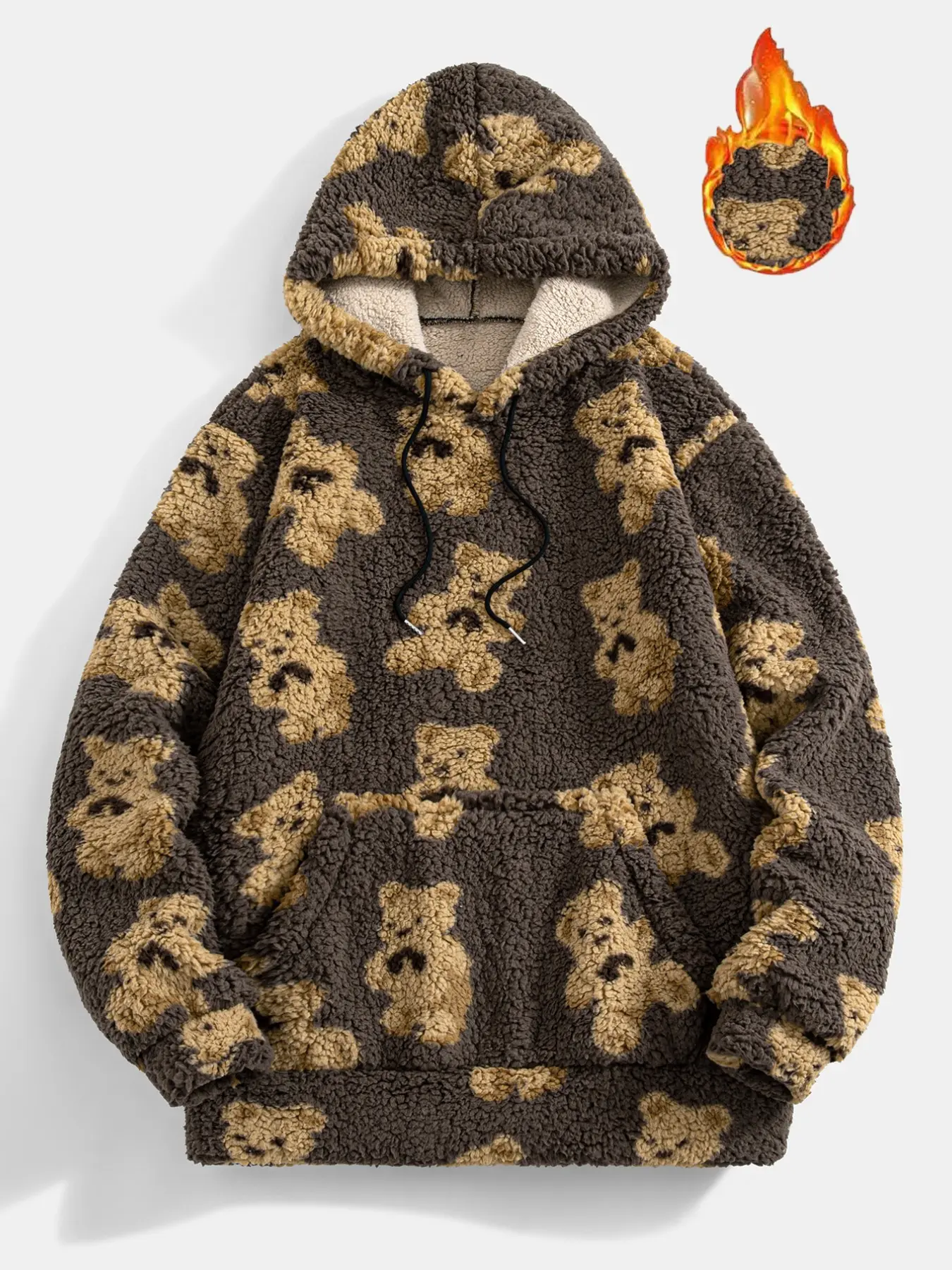 Cute Teddy Bear Print Fluffy Hoodie for Men, Warm Fuzzy Plush Pullover, Slim-Fit Casual Top, Ideal for Winter Street Style