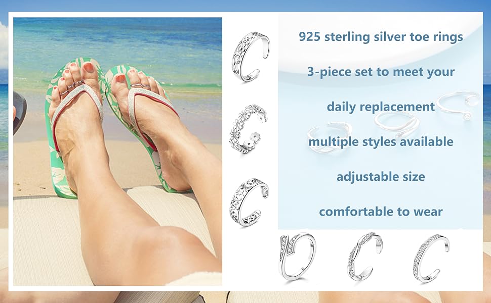 FIBO STEEL 3 PCS 925 Sterling Silver Toe Rings for Women Adjustable Toe Rings Open Cuff Toe Rings CZ Daisy Moonstone Ring Band Rings Beach Foot Jewelry