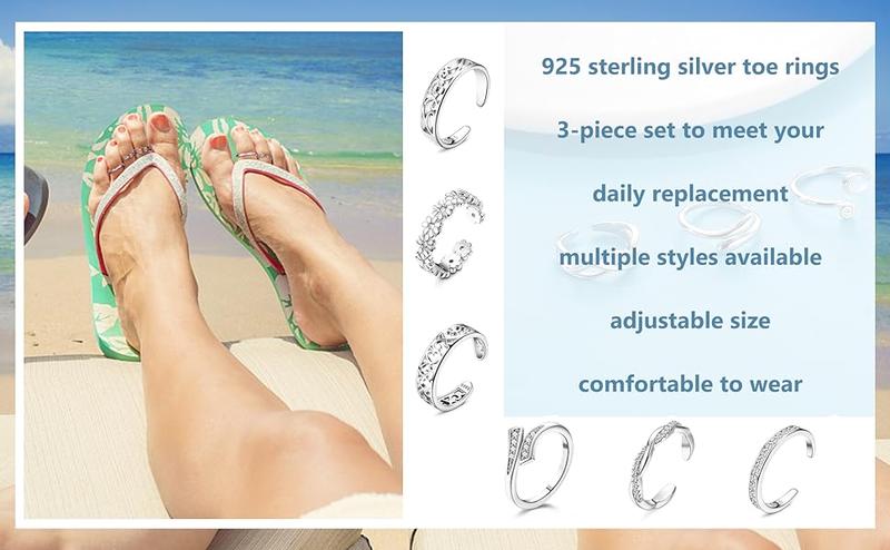 FIBO STEEL 3 PCS 925 Sterling Silver Toe Rings for Women Adjustable Toe Rings Open Cuff Toe Rings CZ Daisy Moonstone Ring Band Rings Beach Foot Jewelry