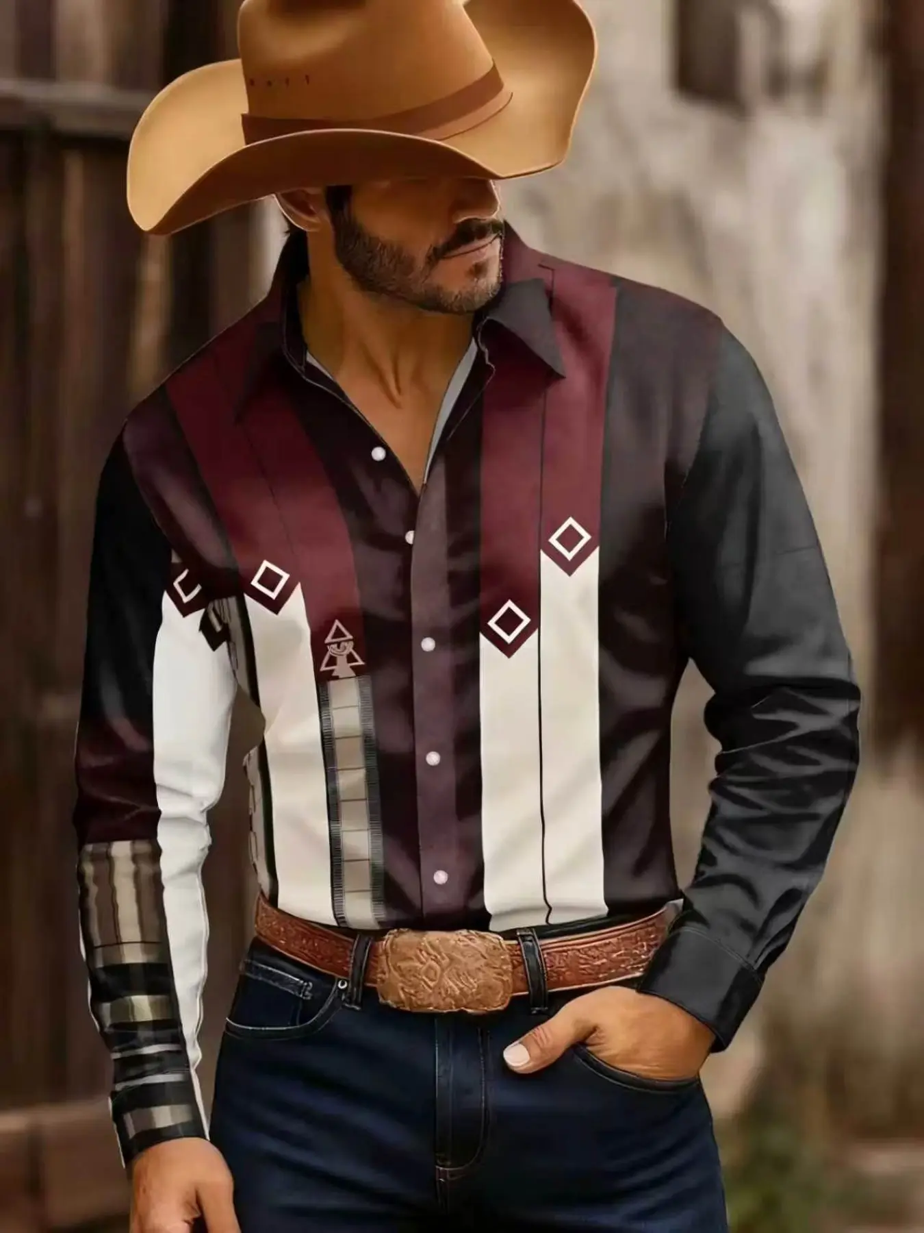 Men's Western Style Long Sleeve Shirt, Graphic Patchwork Design, Casual Retro Fashion Top, Loose-Fitting, Spring & Fall Wear, Casual Apparel