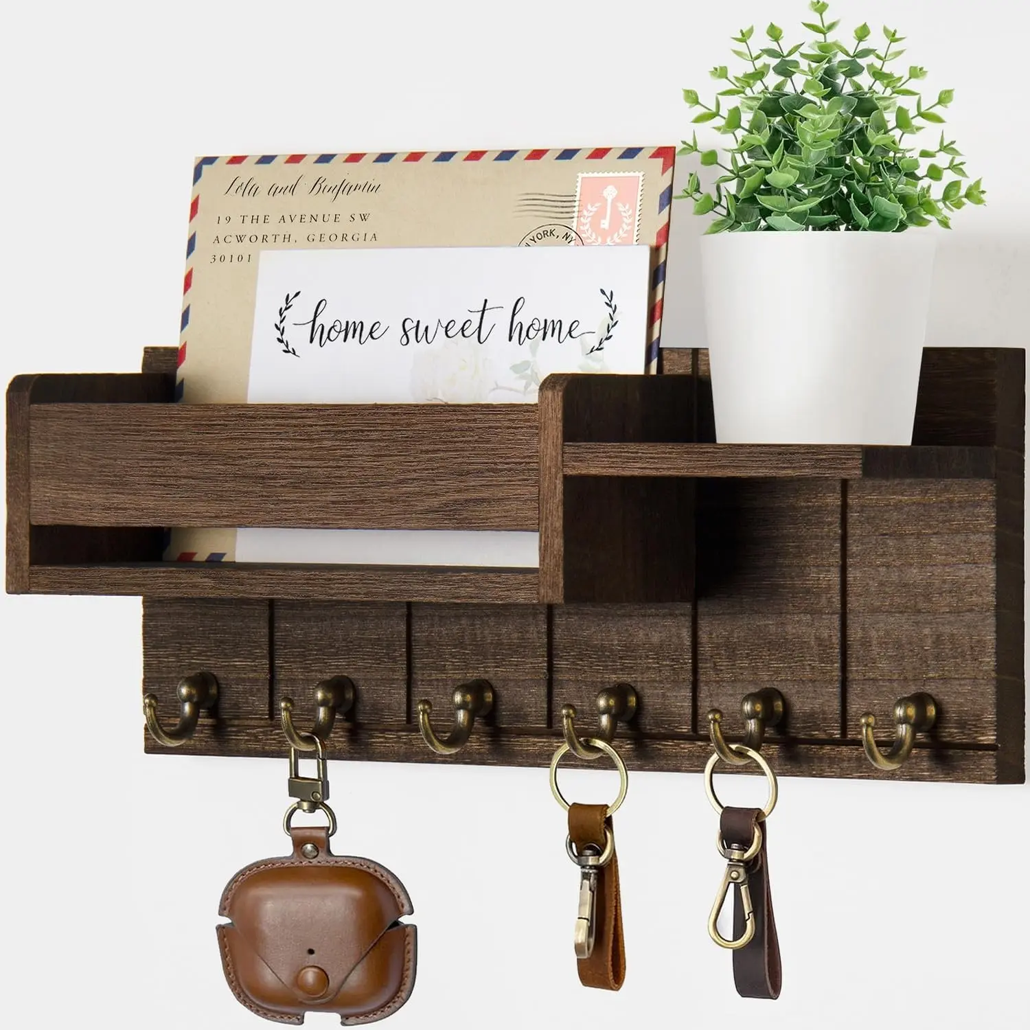 Wall-Mounted Wooden Key Holder Shelf with 6 Key Hooks & Mail Sorter, Home Organizer Key Hanger Wall Mount for Entryway & Living Room