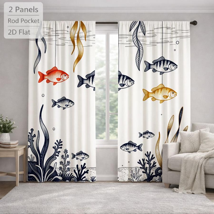 2Pcs Nautical Ocean Fish Seaweed Pattern Sun Blocking Curtains Digital Printed Rod Pocket, Window Treatment For Bedroom Office Kitchen Living Room Study Home Decor