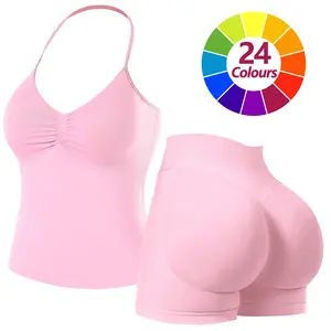 JGS1996 Two-piece Sports Sets for Women Solid Seamless Halter Backless Tank Top with High Waist Shorts Set for Yoga Fitness Gym Workout Running Breathable & Comfortable Activewear Summer
