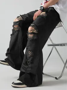 Men's Street Style Ripped Jeans, Trendy Vintage Wide-Leg Loose Fit Denim Jeans, Comfortable Fabric, Multiple Sizes Available
