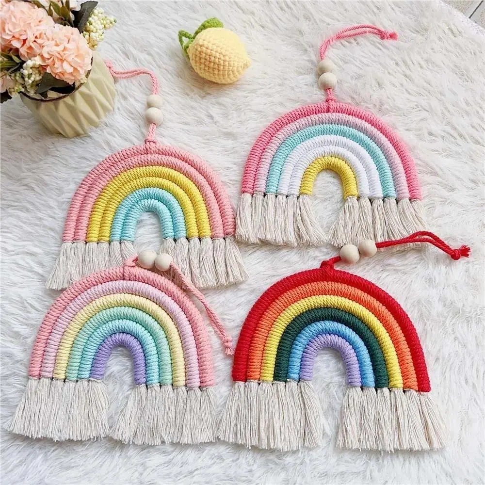 Handwoven Cotton Rope Wall Hanging with Rainbow Tassels & Bead Pendants, Ins Nordic Style Handwoven Craft for Kid Room Holiday Home Decoration, Children's Room, Handmade