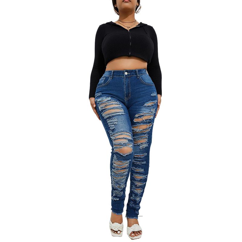 Women's Plus Size Stretchy Skinny  jeans in black Ripped Distressed Denim, Basic Style Ankle-Length Denim Pants