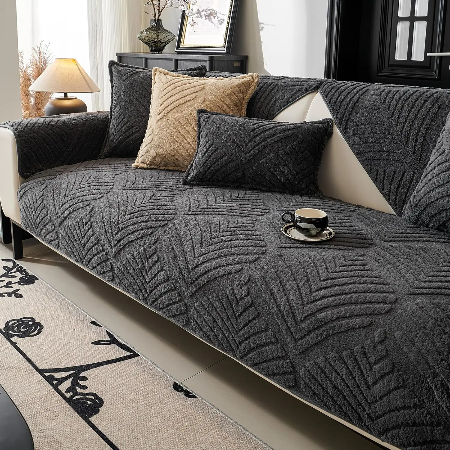 Sectional Couch Cover, Non-Slip Sofa Cover Plush Warm, Pet Couch Covers for Sofa (Loveseat), Leaf Pattern Couch Protector for Dogs Washable (1PC, Dark Grey, 35.4"*47.2")