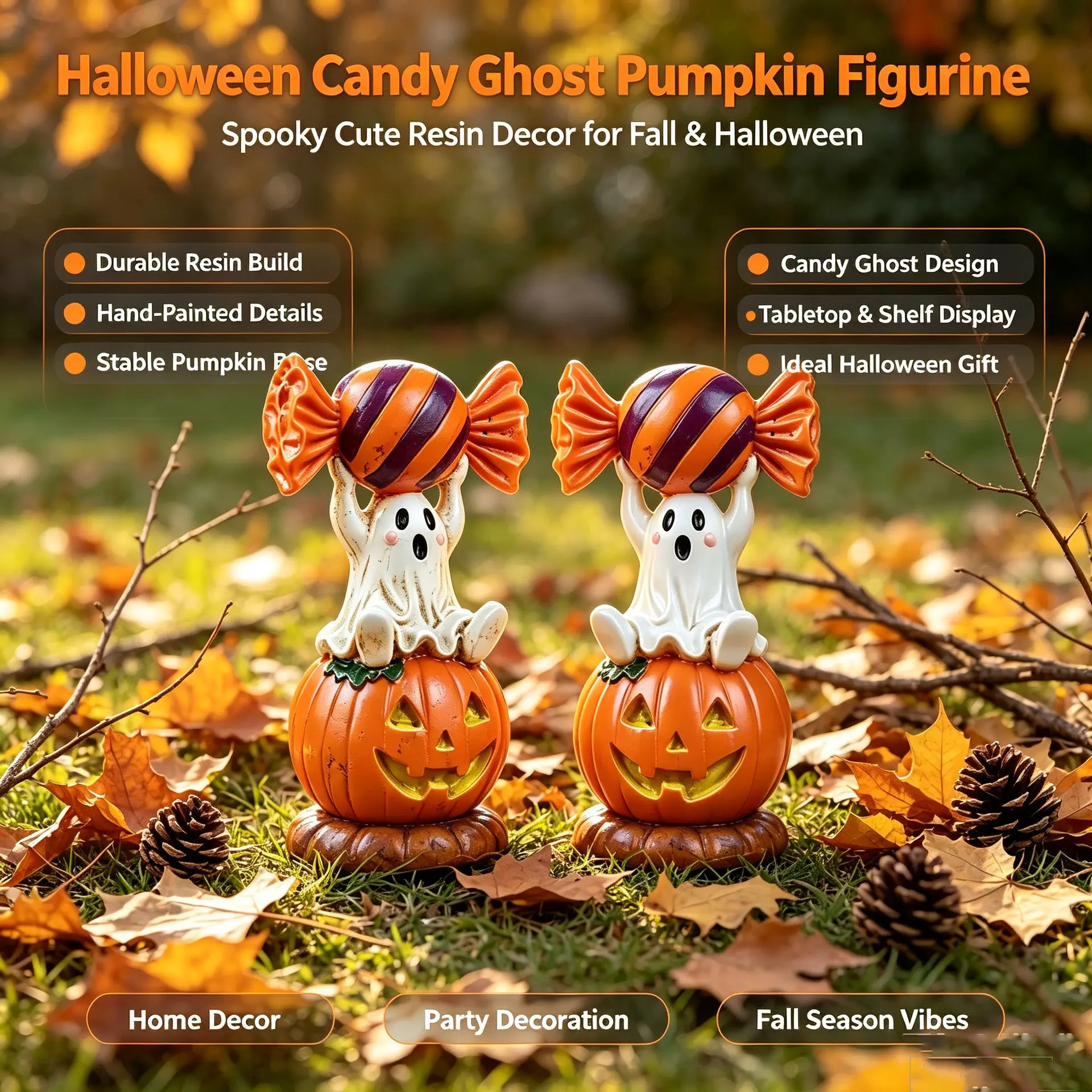 Smooth Ghost Candy Pumpkin Resin Figurine - Spooky-Cute Ghost Holding Striped Candy on Jack-O-Lantern Statue, Vintage Fall Table Ornament, Desktop Shelf Decor for Halloween Party Gifts