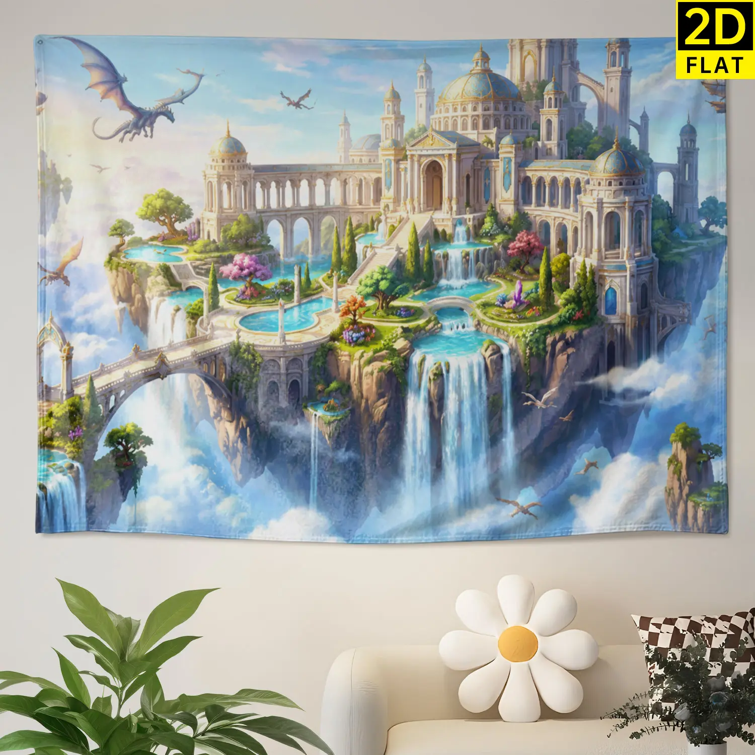 Fantasy Flying Castle Waterfall Dragon Wall Tapestry - Large Printed Horizontal Polyester Wall Hanging Decor, Artwork for Bedroom & Living Room, No-Installation Indoor-Outdoor Room Decor Gift for Loved Ones