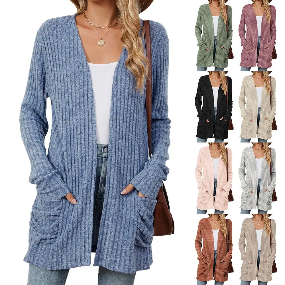 Women’s Longline Open-Front Cardigan with Pockets, Solid Ribbed Knit Long Sleeve Layering Sweater, Relaxed Loose-Fit Casual Jacket for Work
