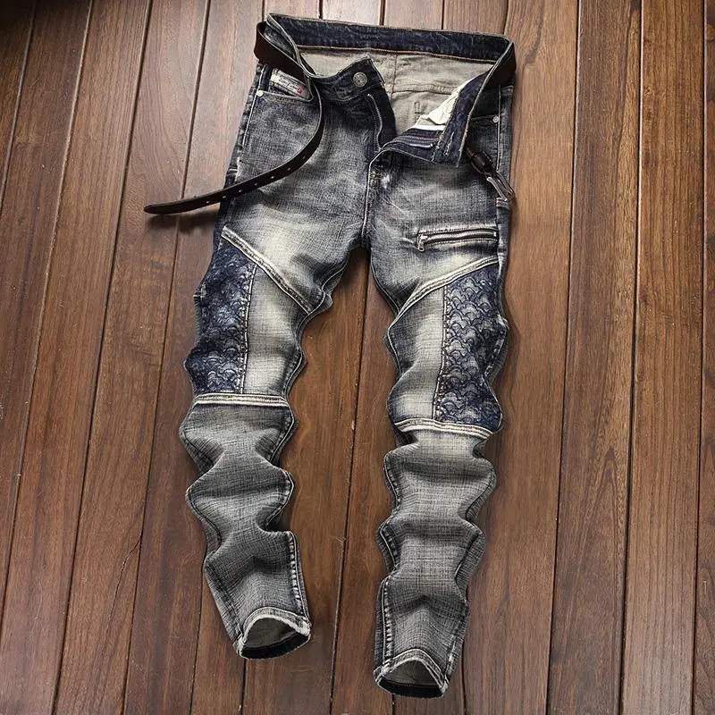 Men's Vintage Moto Denim Jeans, Cotton Blend Slim Fit with Paisley Patchwork & Stitched Panel Design, Distressed Casual Streetwear Biker Pants