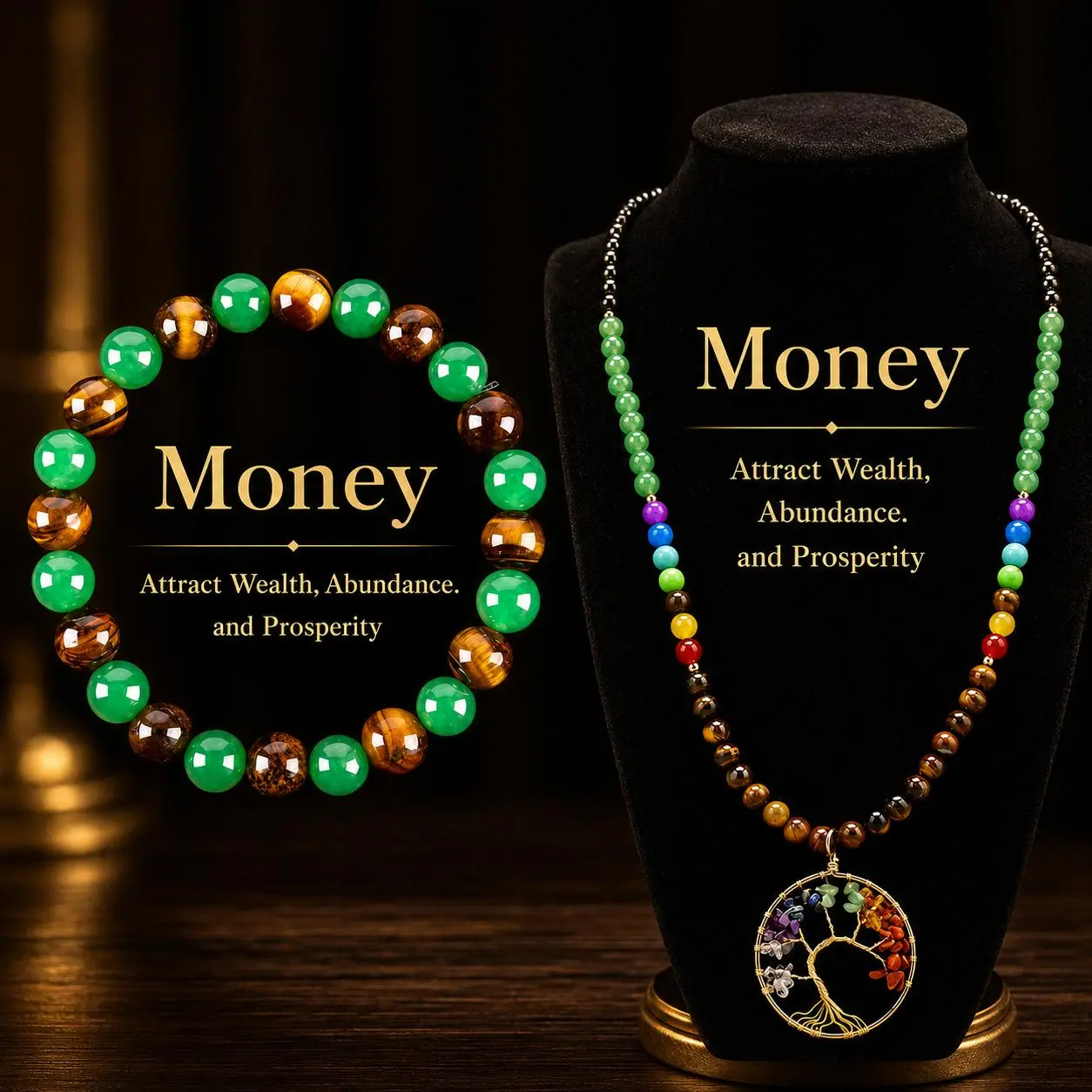 Arpurraina 7-Chakra Tree of Life Jewelry Set for Adults - Money Attraction Necklace, Tiger Eye & Obsidian Money Attraction Bracelet, 77.4g Crystal Healing Jewelry for Abundance, Protection, Positive Energy