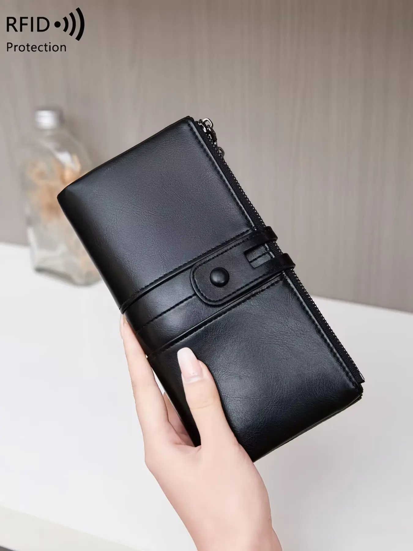 RFID Blocking Bifold Large Capacity Women's Wallet, Vintage Zipper Soft Leather Long Wallet, Multiple Card Slots, Unisex