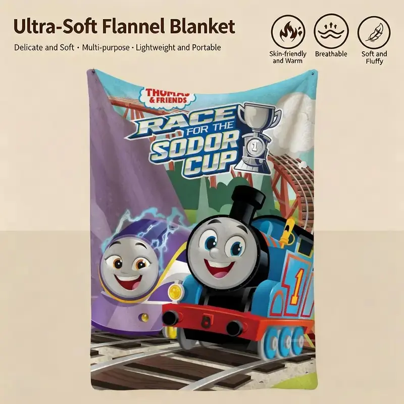 Thomas & Friends Race For The Sodor Cup Flannel Throw Blanket Cartoon Train Racing Print Soft Cozy Fleece Blanket All Season Sofa Bed Nap Blanket Gift for Toddler Kids Train Fans
