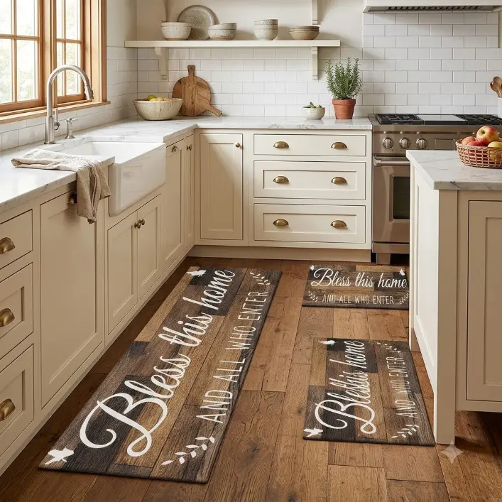2pcs/3pcs Flannel Kitchen Floor Mat Set, Vintage Wood Grain, Non-Slip, Absorbent Washable Rug, Ideal for Kitchen, Bathroom, Laundry Room, Hallway, Kitchen Mat Sets