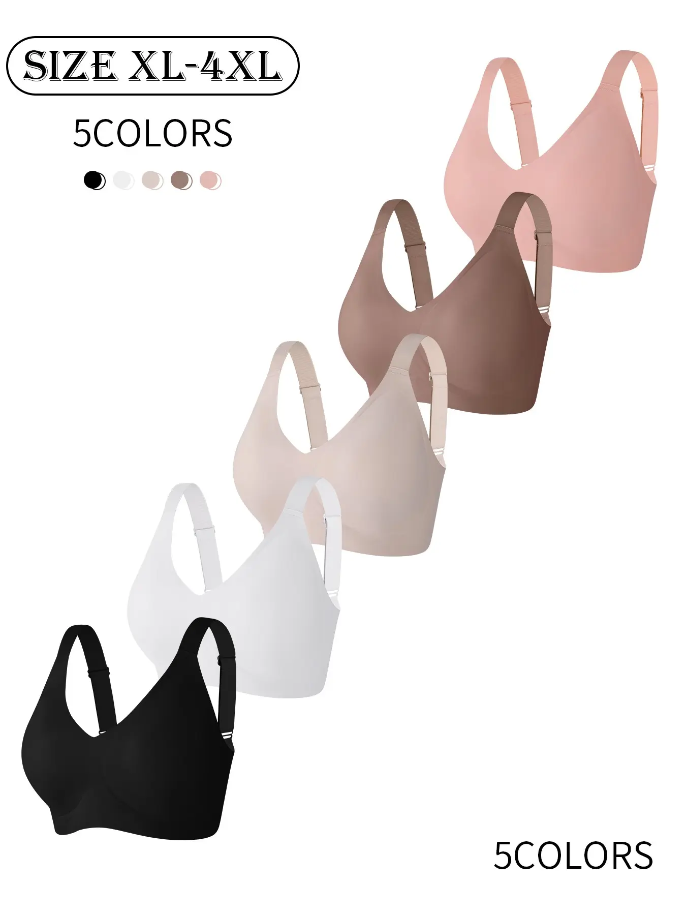 5 colors, 5 pieces, high-quality plus size seamless jelly bra, 4 rows and 4 hooks, push-up and lift, adjustable sports top, daily casual/party/yoga, comfortable breathable skin-friendly, women's wireless bra