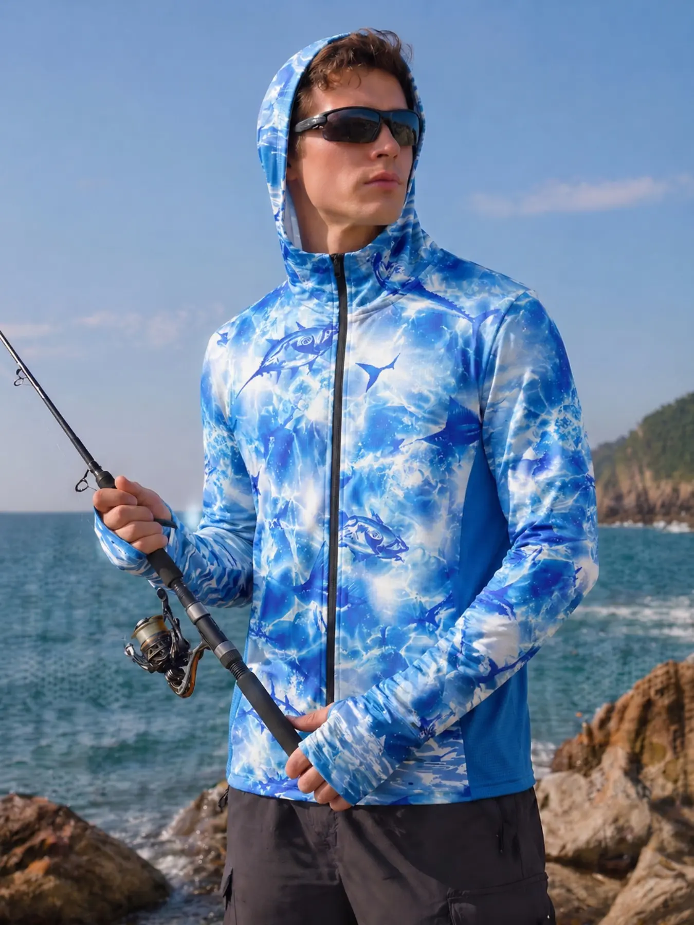 2026 Blue Wave Tuna Print Full Body Sun Suit, Deep Blue Mesh Side Panel, Quick Dry Breathable Long Sleeve Performance Top, Outdoor Fishing Beachwear