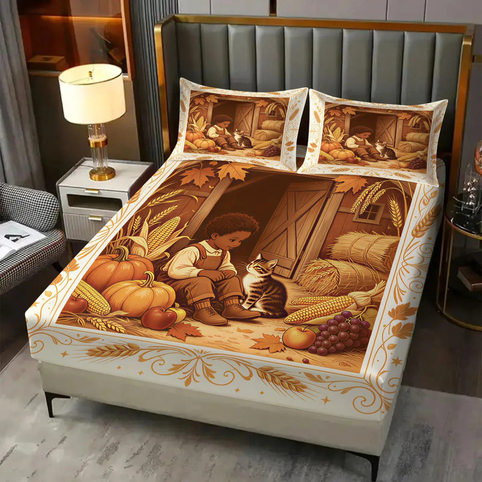 3Pcs Warm Brown Harvest Hand Print Bed Sheet Set, Washable Skin-Friendly Fabric, Mattress Cover Design, Low-Allergy Wearproof, For Retro Country Style Young Bedrooms, All Season(Excluding Fillings and Pillow Cores)