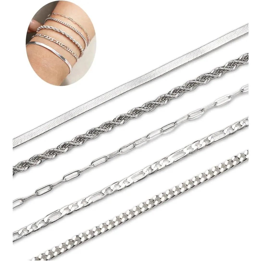 5/6Pcs  Plated Bracelets for Women Trendy, S925 Plated  Bracelet Stack, Non Tarnish  Bracelets for Women, Paperclip Herringbone Figaro Cuban Twist Chains, Size 6.5''+2''