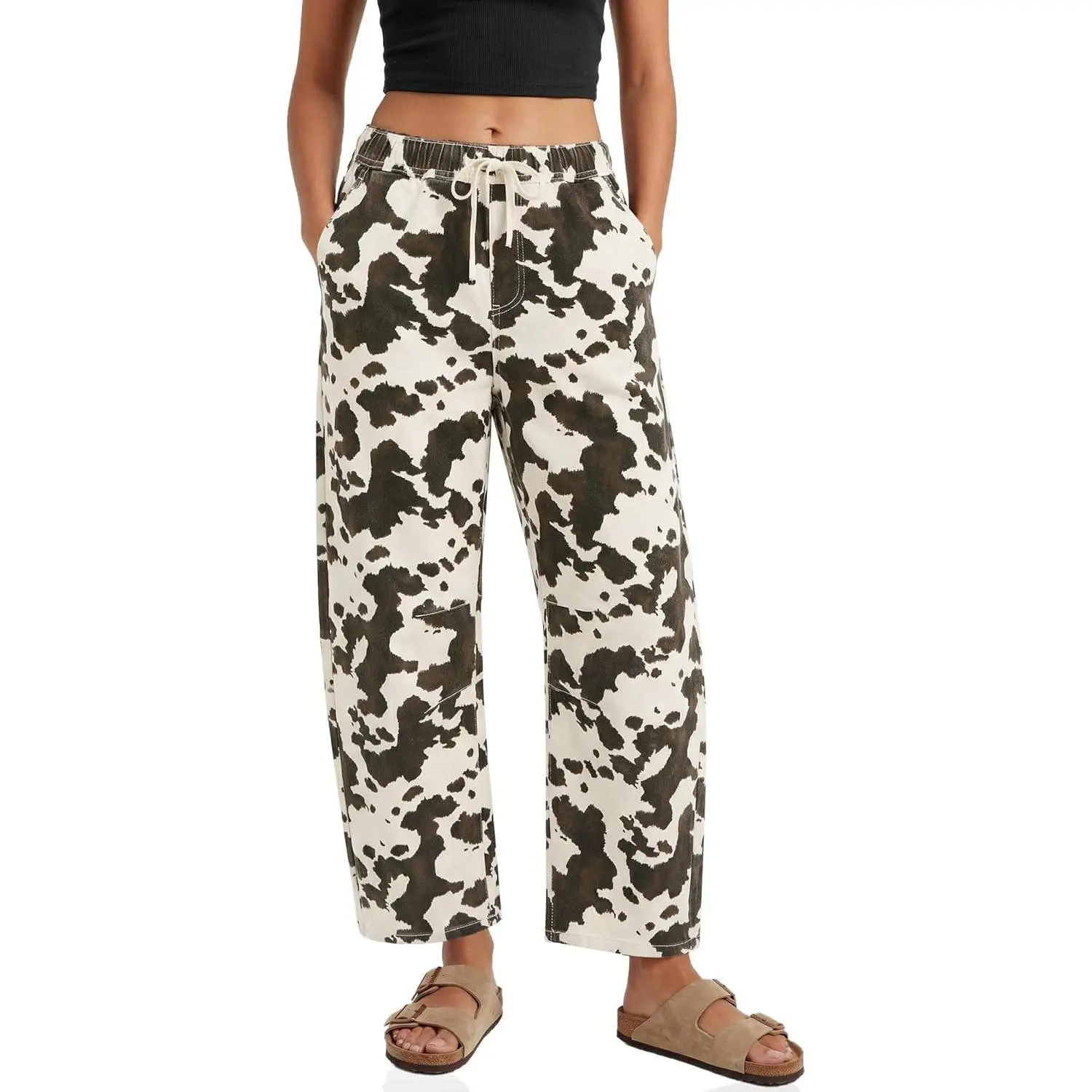 Cicy Bell Womens Leopard Barrel Jeans High Waisted Drawstring Cropped Wide Leg Cheetah Print Denim Pants with Pockets