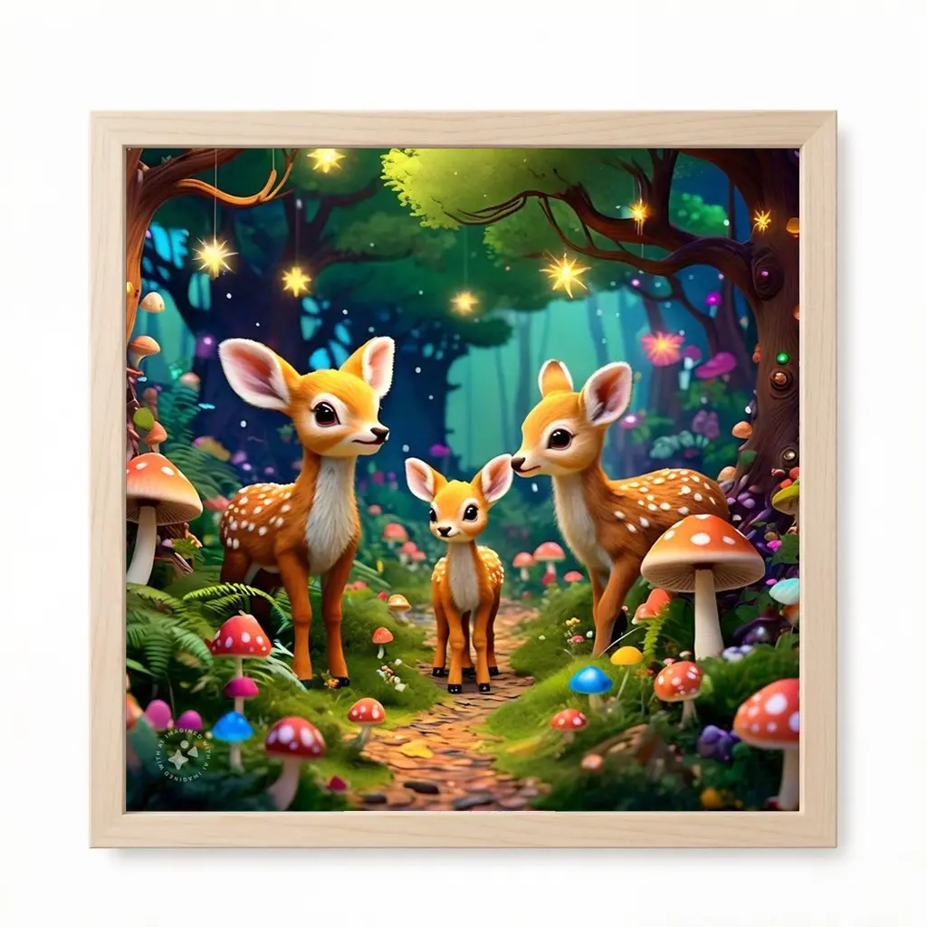 A 2D flat frameless handmade DIY diamond painting kit featuring cartoon dreamy forest deer, glowing stars, colorful mushrooms and warm deer group with healing scene and high-definition pattern, ideal for home decoration and handcraft enthusiasts as