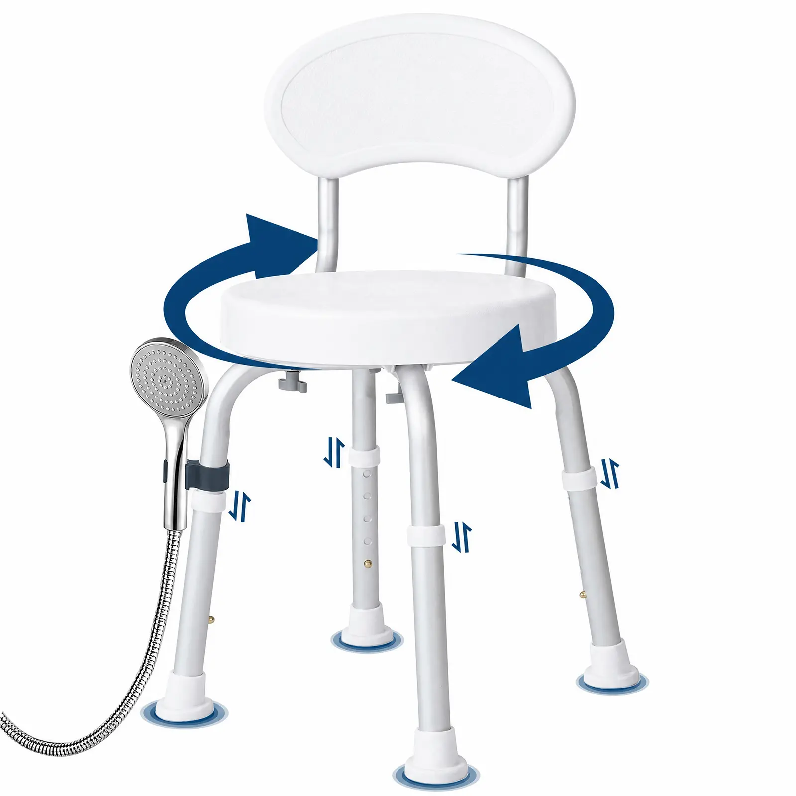 360° Swivel Shower Chair for Elderly - 6-Height Adjustable Non-Slip Bath Seat with Backrest & Showerhead Holder - Durable Aluminum Bathroom Safety Stool for Seniors