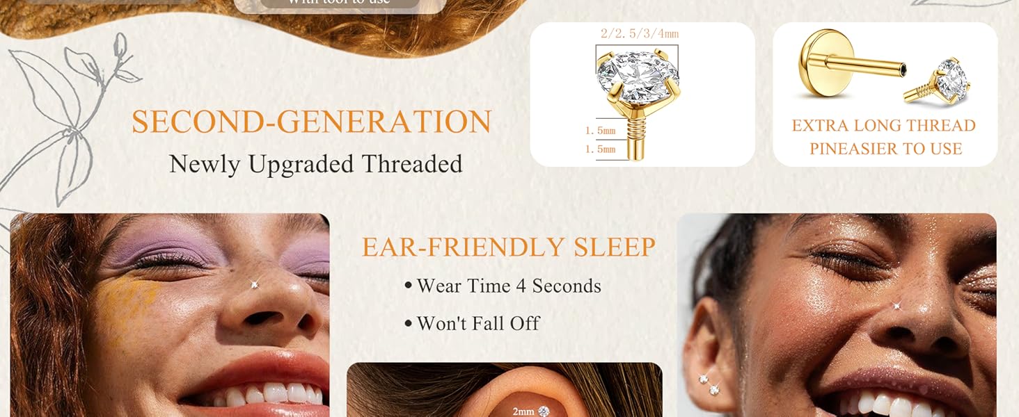 14K Gold Plated Flat Back Stud Earrings - 316L Surgical Steel Internal Thread CZ Stud Piercing Jewelry for Tragus Helix Cartilage Conch Nose Hypoallergenic Lip Monroe Labret Medusa Piercing 16G 18G 14K Gold Plated Flat Back Stud Earrings - 316L Surgical Steel Internal Thread CZ Stud Piercing Jewelry for Tragus Helix Cartilage Conch Nose Hypoallergenic Lip Monroe Labret Medusa Piercing 16G 18G