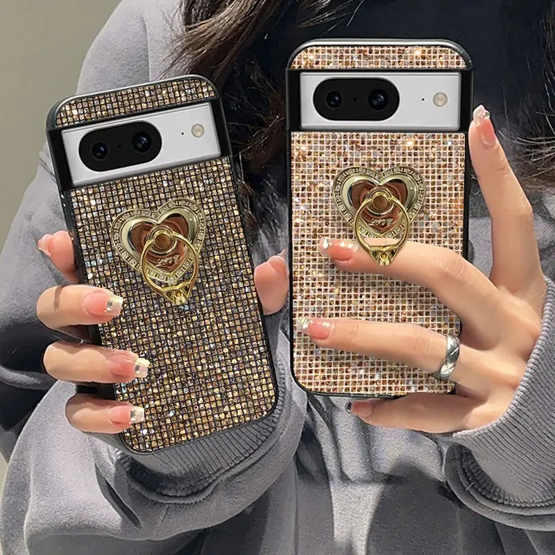 Compatible with Pixel 11 Pro XL, 10, 9, 8, 7, 6, Glitter Rhinestone Heart Plaid Shockproof Phone Case with Ring Kickstand HNZ0430