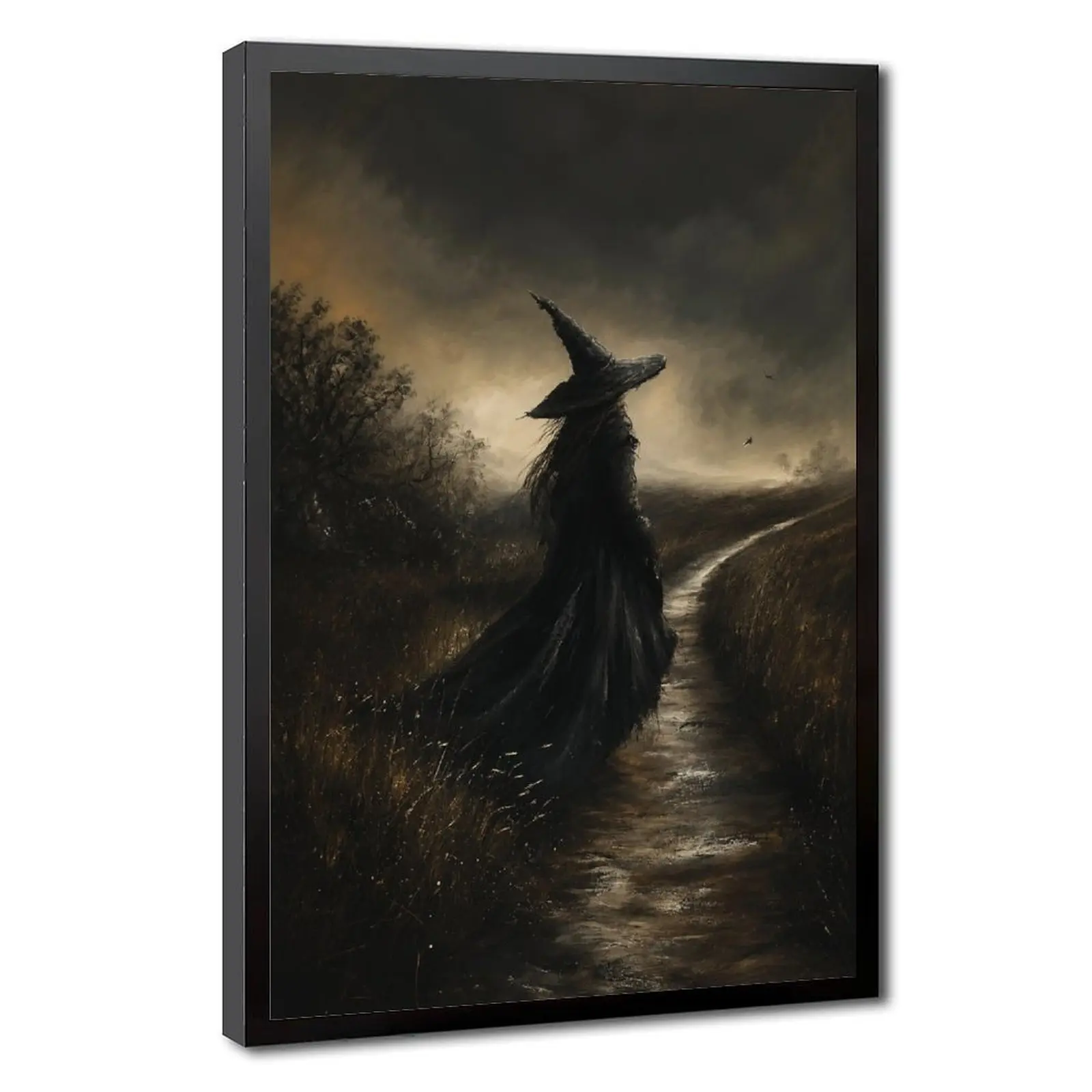 Dark Witch Canvas Poster Wall Art, Gothic Country Road Witch Oil Painting Wall Art, Halloween Wall Hanging Home Decoration