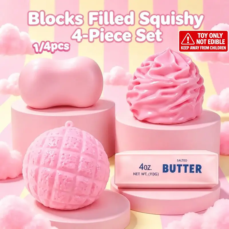 1/4-Piece Crunchy Squishy ASMR Stress Relief Toy Set, Soft Stretchy Realistic Novelty Shapes (Soap, Cream, Butter, Pineapple Bun), Whimsical Relaxing Gifts, Toys for Grown Ups, Cute Desktop Ornaments, Trendy Selfie Props