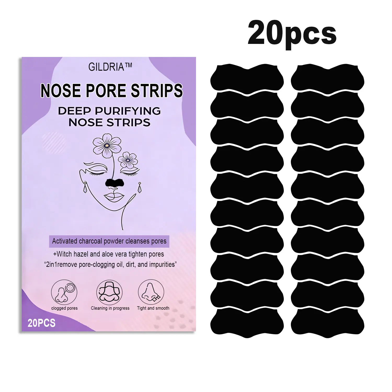 Charcoal Nose Pore Cleansing Strips, Instant Pain-Free Oil Removal, Aloe & Witch Hazel, Tighten Pores, Deep Purification, 20pcs
