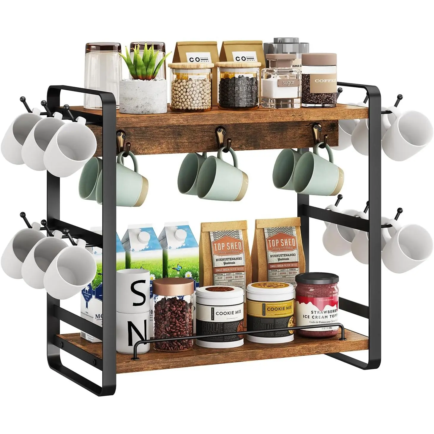 Kitchen Mug Cup Holder,2 Tier Coffee Bar Organizer,Brown TBJ006H | Coffee Bar Station Countertop Organizer Coffee Mug Stand with 18 Hooks,Multifunctional Mug Tree for  Kitchen Office