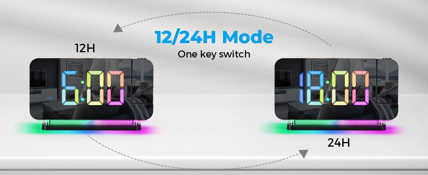 STANDARD GOODS 3C9--MPP024   Projection Alarm Clock, 7.4 in Digital Mirror Clocks,with 180° Rotatable Projector, RGB Night Light,USB C Charger Port, Auto Dimmer, LED Desk Clock for Bedroom - Black