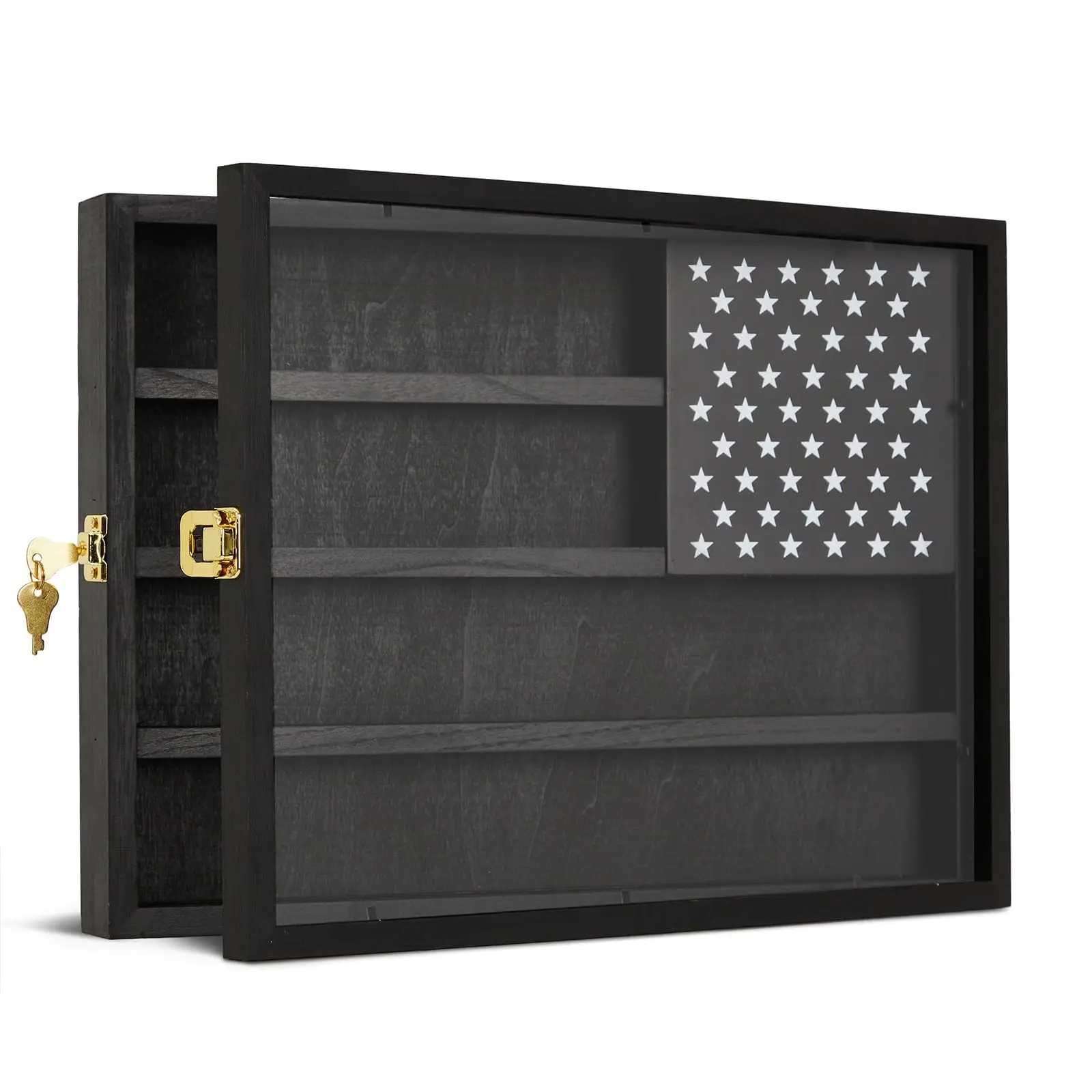 Black 4-Row Wooden Challenge Coin Display Frame with Lockable Acrylic Door, Wall-Hanging Room Decor Shadow Box for Medals, Poker Chips, 11x15 Inch Gift-Worthy Home Decor Supply