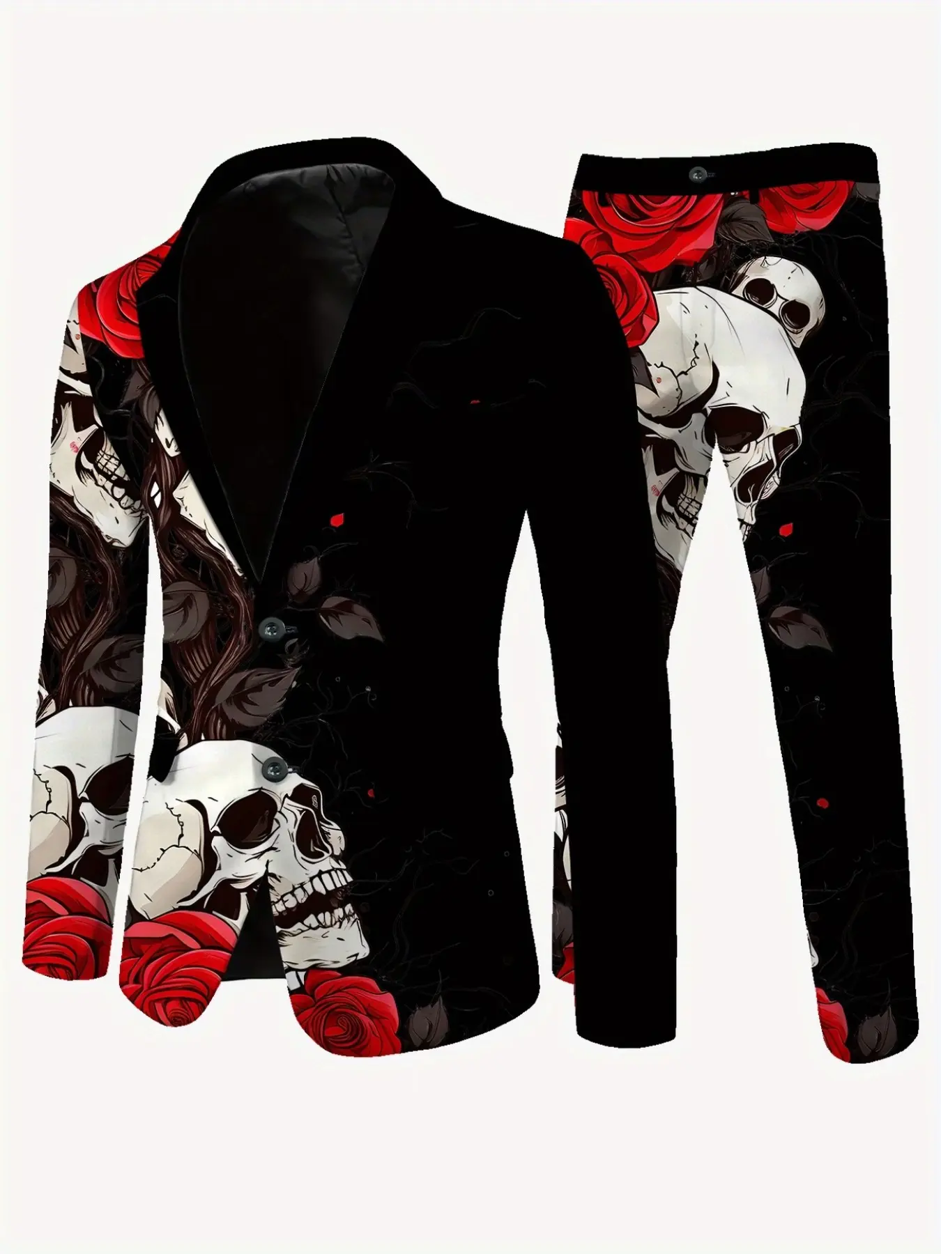 Men's Gothic Blazer Set, Skull Rose Print, Long Sleeve Slim Fit, Halloween Party Costume, 2-Piece Suit, All Seasons