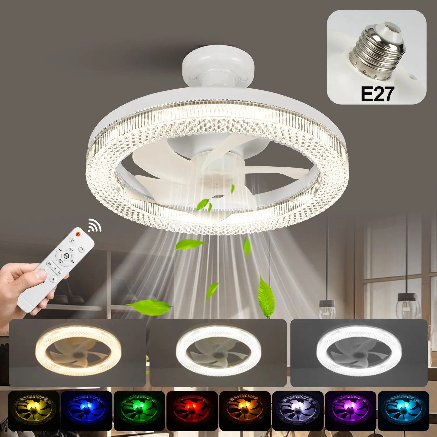 E27 RGB Ceiling Fan Light with Remote Control, 3-Speed Quiet Cooling Fan Lamp, Adjustable Acrylic Shade, Screw-In Socket Mount Home Lighting
