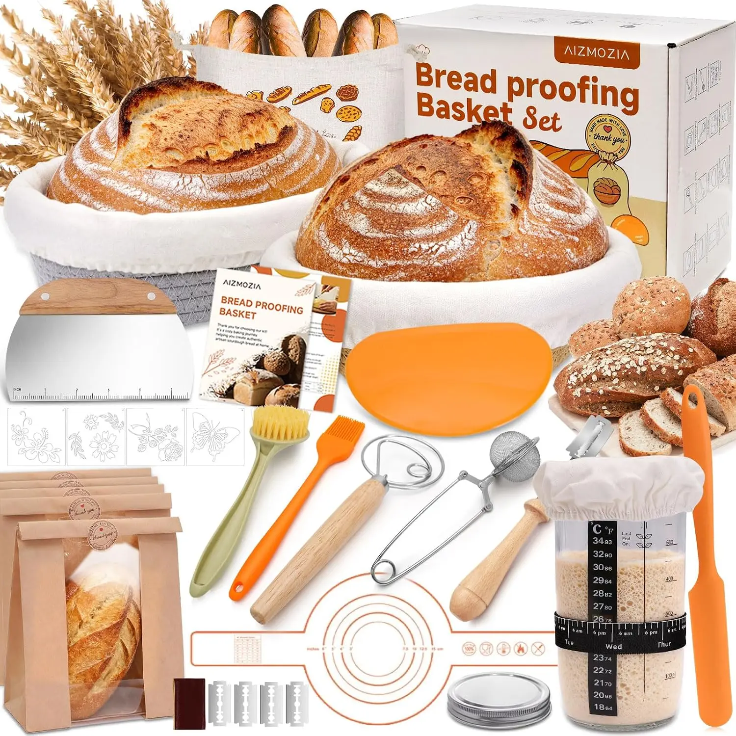 Complete Sourdough Starter Kit With Woven Proofing Basket, Sour dough Starter jar, Sourdough Bread Baking Supplies, Bread Making Kit, for Beginners &