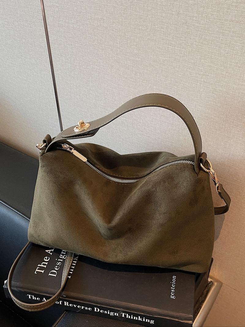 American Minimalist Vintage Suede Top-Handle Bag, Zipper Closure, Versatile Daily Handbag for Work & Casual