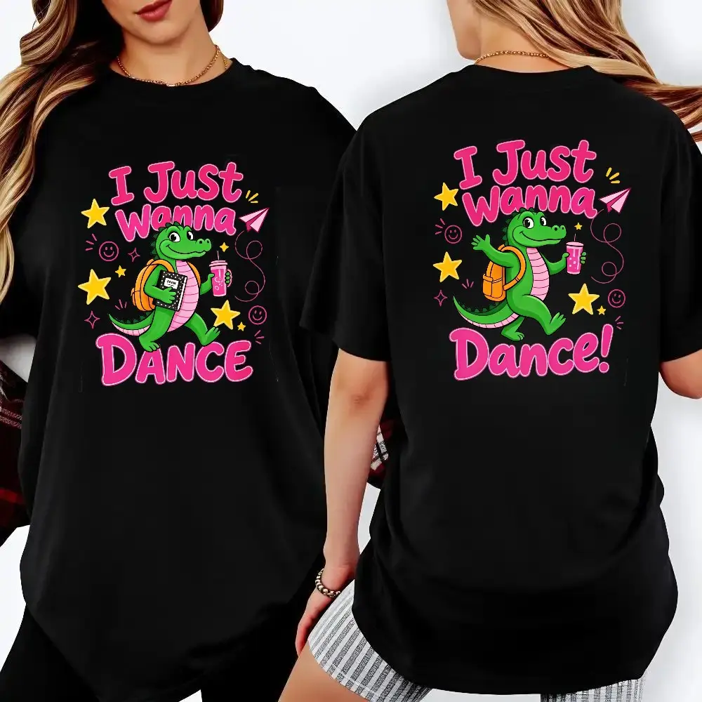 100% Cotton Back-To-School T-Shirts T-Shirts Double-Sided Print, Disability Pride Month 2026 T Shirt, I Just Wanna Dance Cute Alligator With Backpack And Drink Graphic