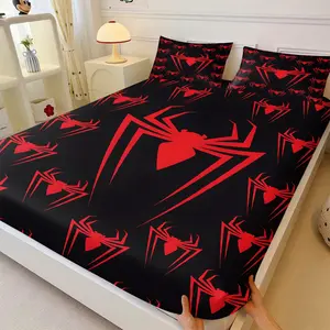 Red Arachnid Silhouette Print Fitted Sheet Set, Black Base Large Small Repeating Spider Pattern Includes 1 Elastic Deep Pocket Bed Sheet + 2 Pillowcases, Soft Brushed Microfiber Wrinkle Resistant Bed Linens, Gothic Teen Boys Room Decor