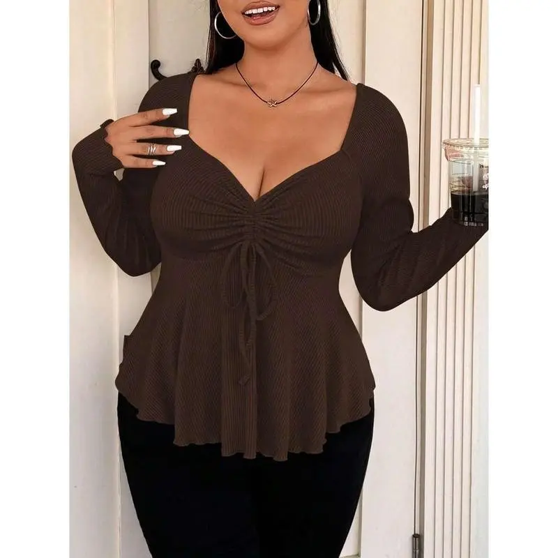 Sweetheart Collar Front Drawstring Ribbed Long Sleeve T-Shirt, Plus Size Autumn Women's Fabric