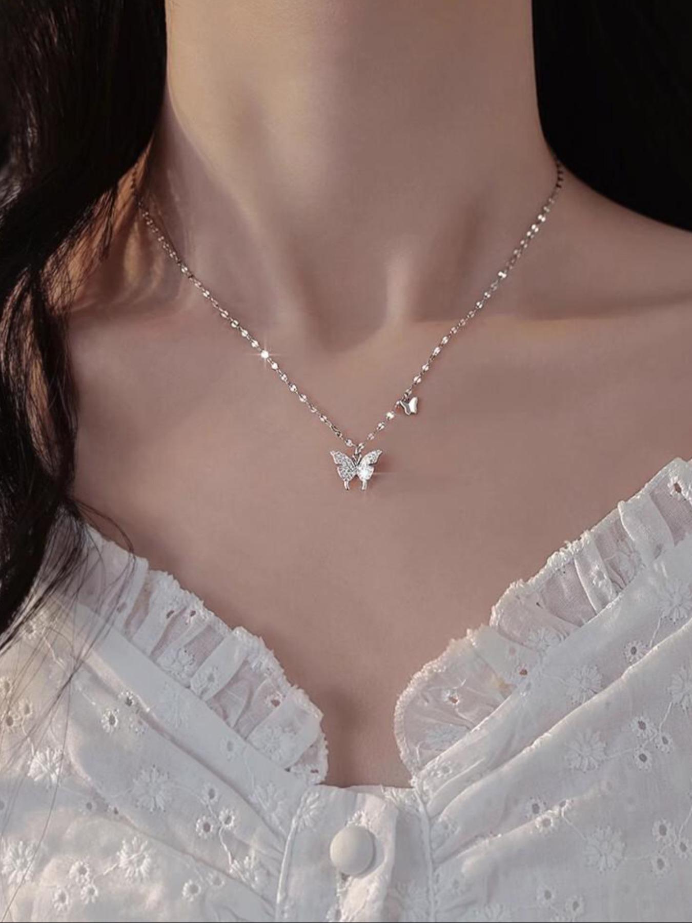 925 Sterling Silver Butterfly Design Pendant Necklace, Fashion Rhinestone Decor Necklace for Party, Daily Decor, Trendy All-match & Exquisite Jewelry for Birthday Gift