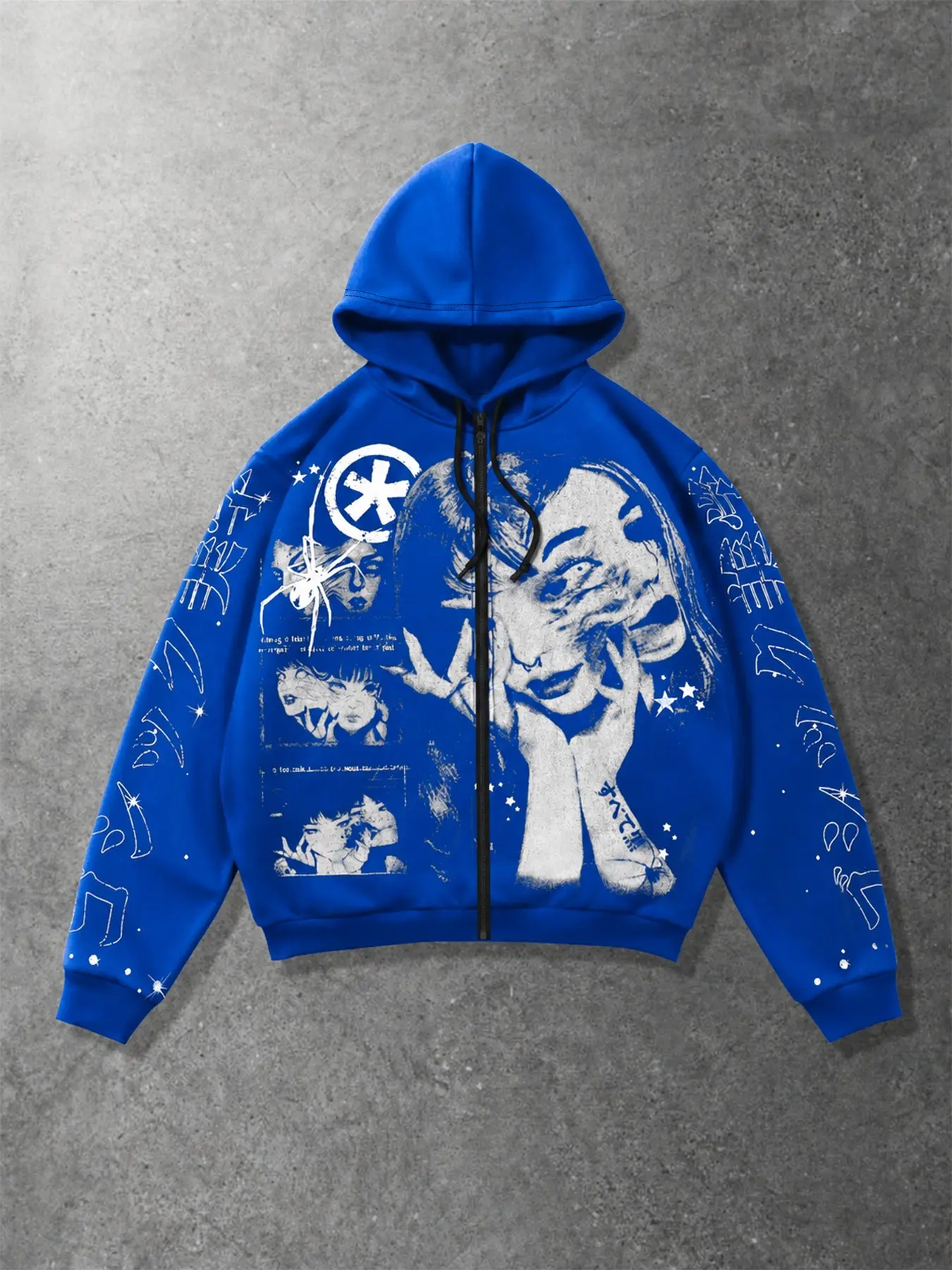High Saturation Klein Blue Jacket, Vintage Anime Patchwork Print, Full Hand-Drawn Patterns, Zipper Hood, Thick Lining for Warmth
