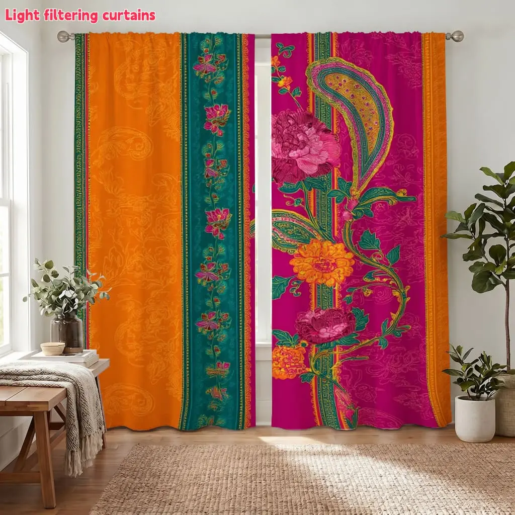 2Pcs Vibrant Bohemian Paisley Floral Curtains, Digital Print, Light Filtering, Privacy Protection, for Living Room, Bedroom, Study, Hotel, Restaurant, Home Decor