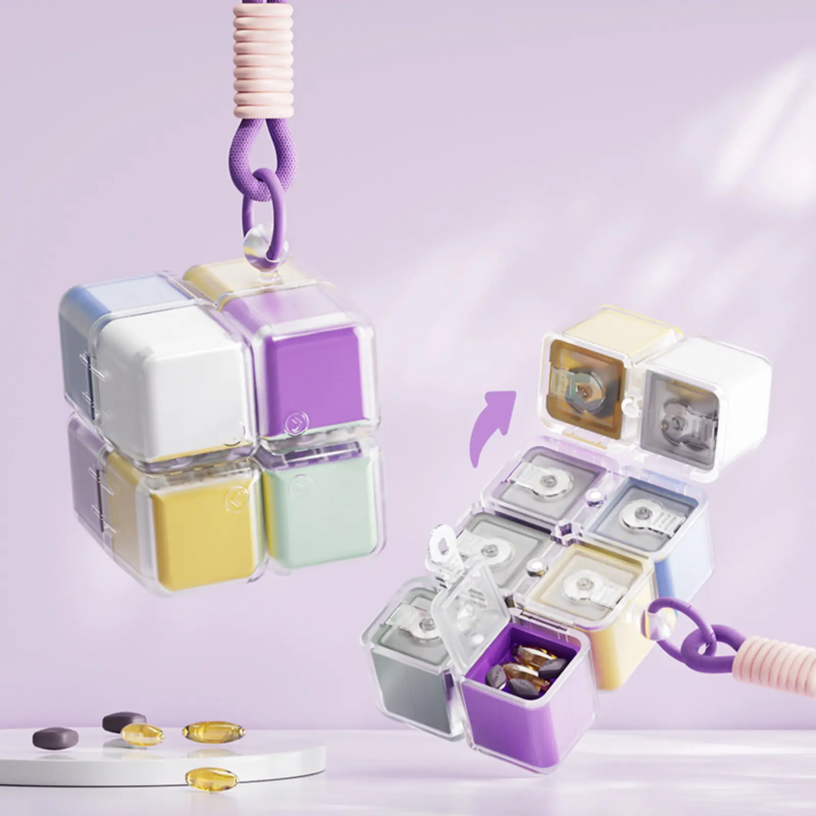 Magnetic Weekly Pill Organizer Cube – 8 Compartment Travel Pill Case, Detachable & Easy to Clean, with Lanyard, Compact for Vitamins & Medication