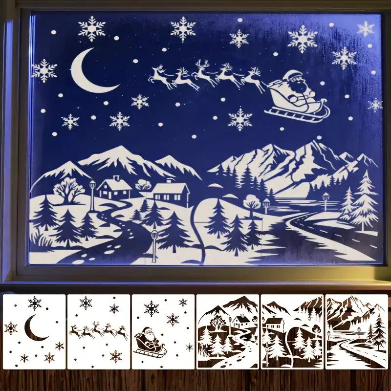 6-Piece Christmas Snow Mountain Cutout Spray Paint Board Set, Creative DIY Art Kit, Window Craft Template, Home Wall Art Tool, Immersive Painting Process