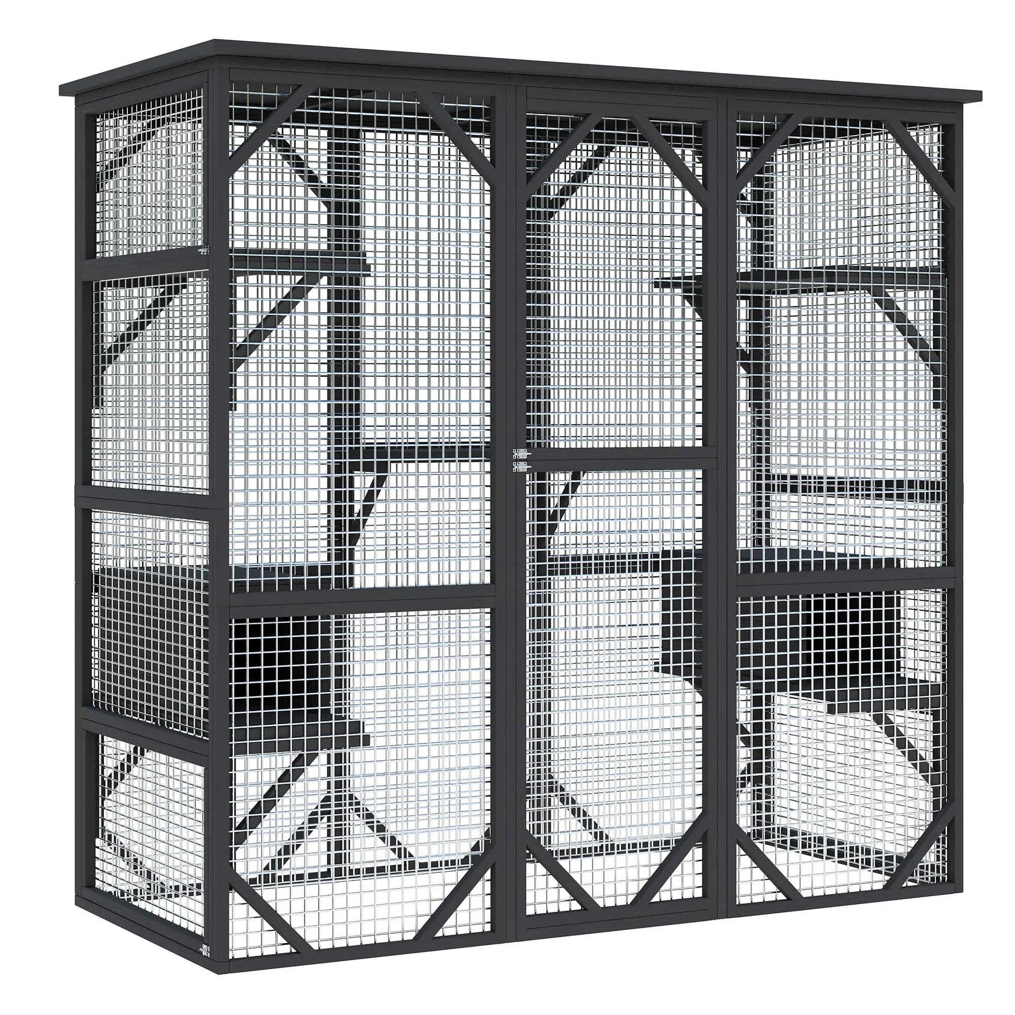 71" Walk-In Outdoor Cat Enclosure – Weatherproof Catio with 7 Platforms & 2 Houses, Heavy Duty Multi-Cat Shelter for Backyard – Spacious Cat House with Roo