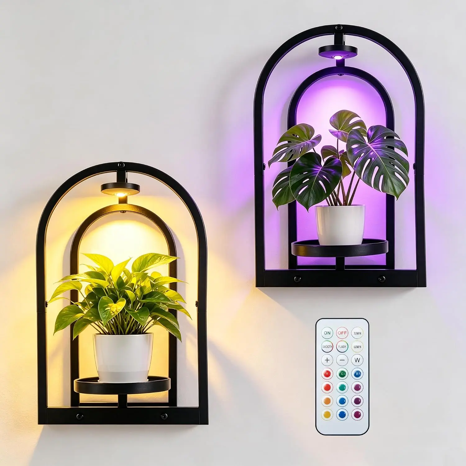 Wall  Holder with Grow Light & Remote Control, Wall planters for indoor , Wall Mounted  Planter,  Wall Shelf Frame for Living Room, 2 Pack
