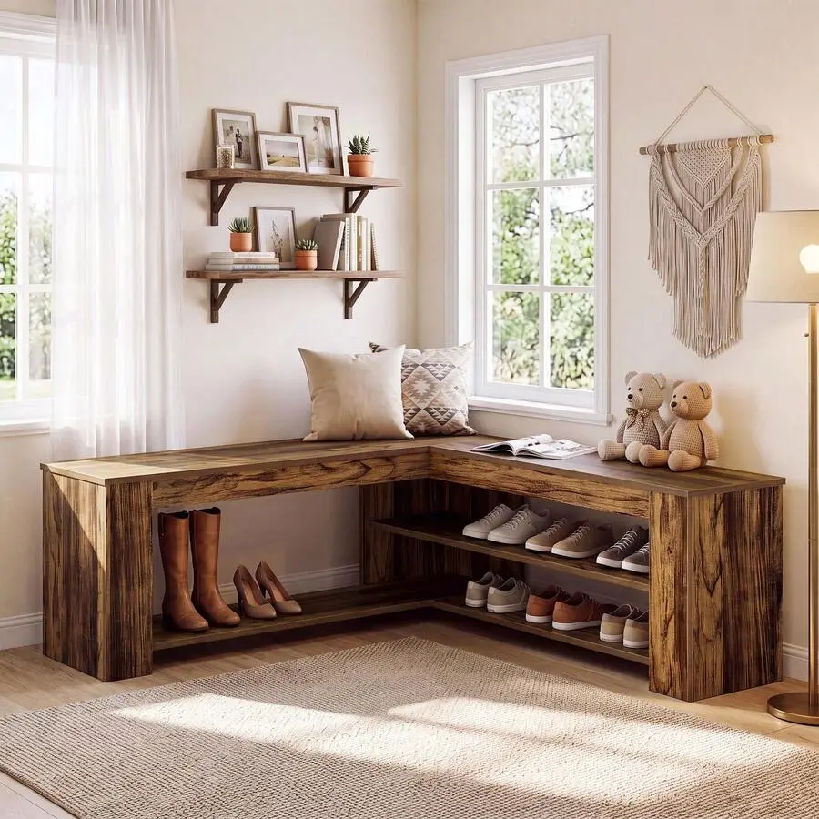 47.24" L-Shaped Corner Storage Bench, Farmhouse Entryway Shoe Bench With Storage For Entryway, Dining Room, Living Room, Rustic Brown,decor,,,,style,,labor,day,