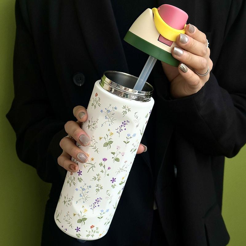 Floral Pattern Stainless Steel Vacuum Flask, 1 Count Portable Insulated Water Bottle with Straw, Leak Resistant Tumbler, Drinking Cup for Home Office School Outdoor Camping, Drinkware